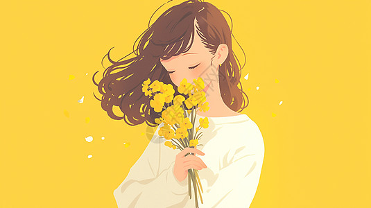 穿着白色上衣拿着黄色花束清新可爱的卡通小女孩图片
