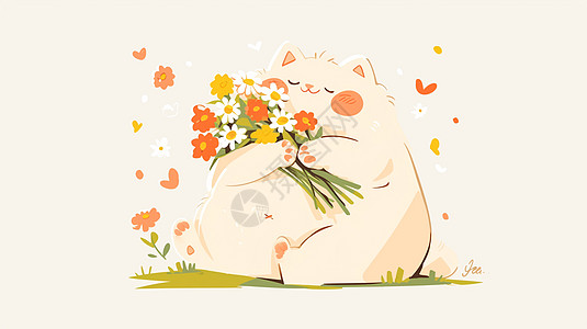 胖乎乎可爱的卡通小橘猫抱着一束小花图片