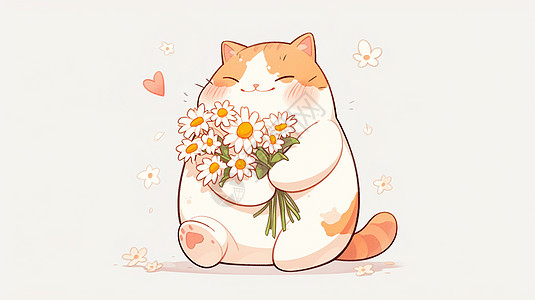 胖嘟嘟可爱的卡通小橘猫抱着一束小花图片