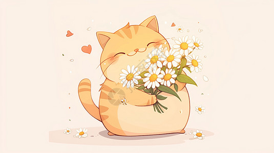 可爱的卡通小橘猫抱着一束花图片