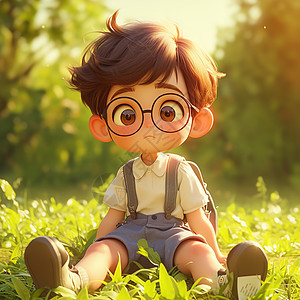 坐在草地上休息的可爱卡通小男孩图片