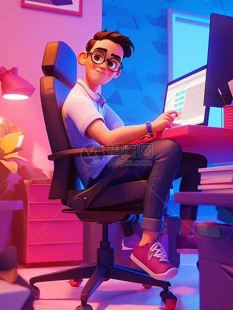 坐在电脑桌前一个戴着眼镜的卡通男人在工作图片