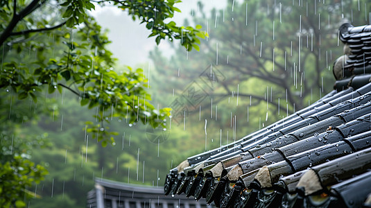 下雨雨中唯美的古风屋顶插画