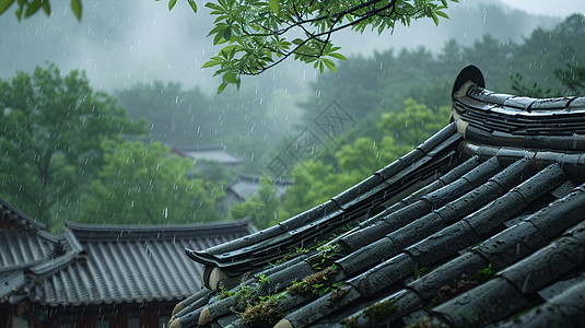 雨中的古风屋顶图片