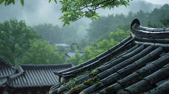 雨中的古风屋顶图片