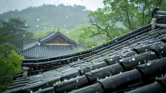 大雨中唯美的古风屋檐图片