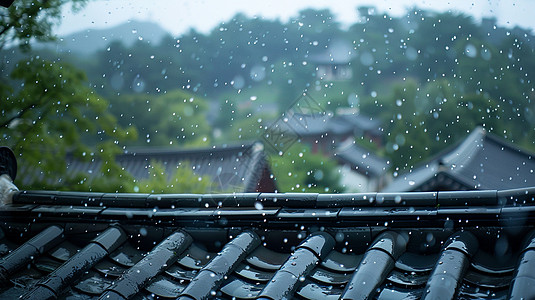 节气节日插画大雨中唯美的屋檐在流水背景