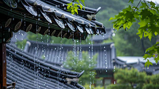 谷雨美食大雨中绿树下古风精致的屋顶插画