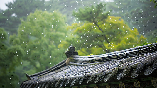 大雨中古风精致的卡通屋顶背景图片