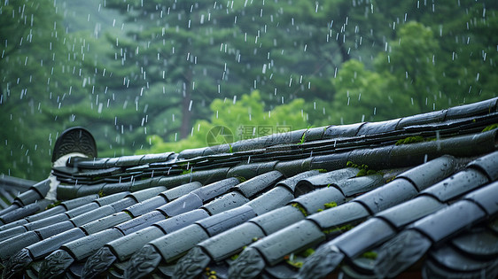 唯美的屋顶在大雨中图片