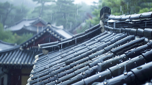 雨中唯美的中国屋顶风景背景图片