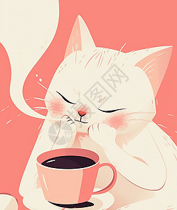喝咖啡的扁平风卡通小猫图片