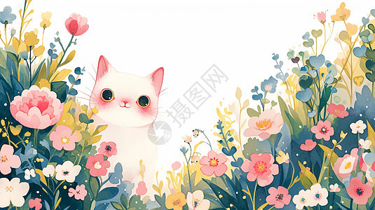 在花丛中的卡通小猫图片