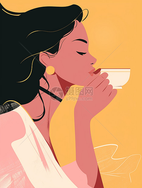 优雅的喝热茶的卡通女人图片
