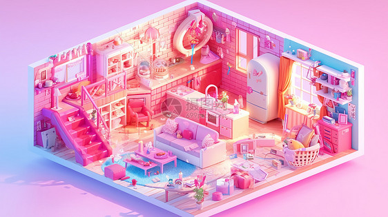 粉色系立体可爱的房间图片
