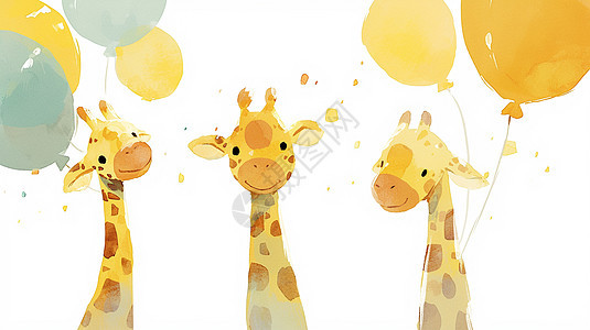 很多气球面带微笑的可爱卡通长颈鹿图片