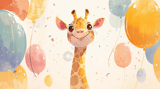 看着很多气球面带微笑的卡通长颈鹿图片