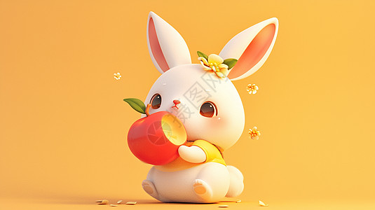 小白兔狸藻抱着苹果的可爱卡通小白兔插画