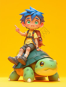 坐在绿色乌龟身上背着书包的可爱卡通小男孩图片