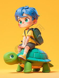 坐在绿色乌龟身上背着书包的可爱小男孩图片