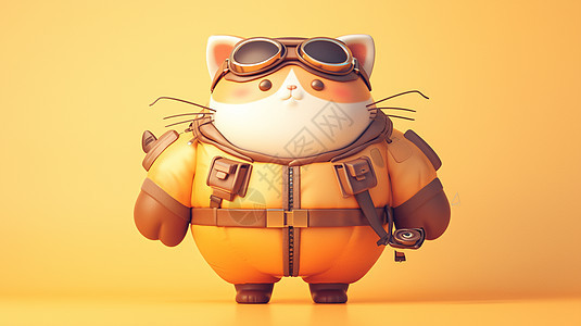 穿着橙色飞行员服装肥胖可爱的小猫图片