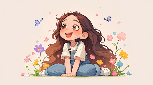 花朵女孩坐在地上开心笑的长发女孩插画
