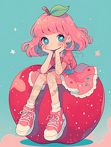坐在红苹果上粉色短发可爱的卡通小女孩图片