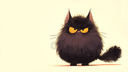 毛茸茸生气的卡通可爱小黑猫图片
