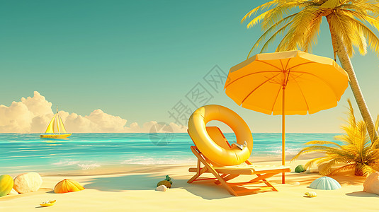海边一把休闲躺椅和一把黄色大大的遮阳伞图片