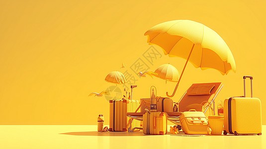 沙滩素材背景黄色调各种旅行度假的用品插画