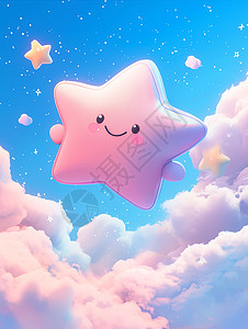 天空云朵上一个立体可爱的卡通粉色小星星图片