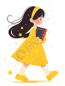 穿着黄色连衣裙抱着书本走路的卡通女孩图片