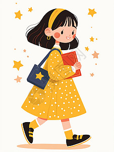 穿着黄色连衣裙拿着书本走路的卡通女孩图片