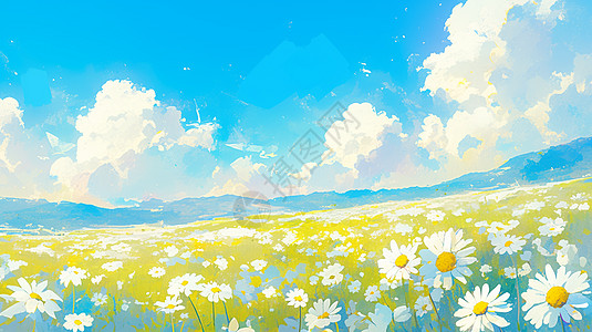 蓝天白云下一大片美丽的卡通小雏菊图片