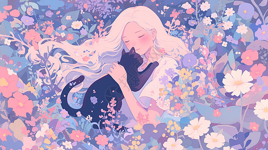 漂亮的卡通小女孩抱着黑色卡通猫在花丛中睡觉高清图片