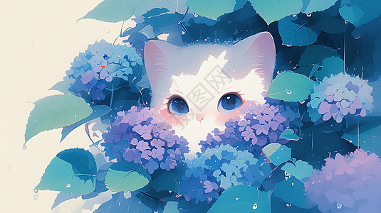 雨中躲在花丛中的可爱卡通小白猫图片