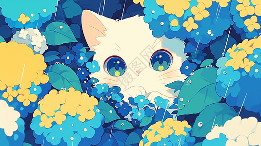 雨中躲在花丛中的卡通小白猫图片