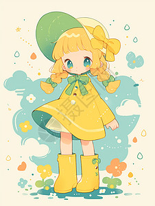 戴帽子穿黄色连衣裙的可爱卡通小女孩图片