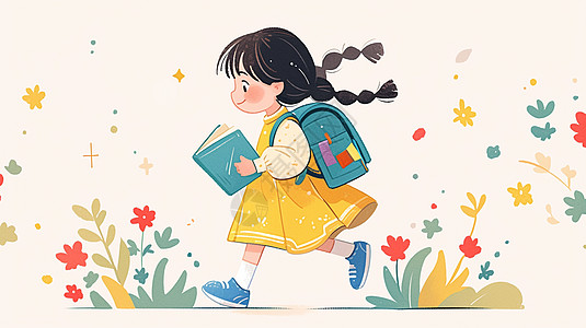 小学生书包穿着黄色连衣裙的可爱卡通小女孩拿着书籍插画