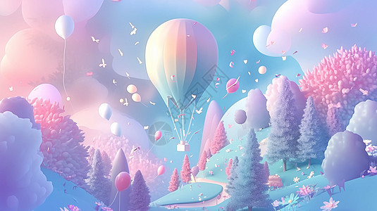梦幻森林上空飞着浪漫的热气球图片