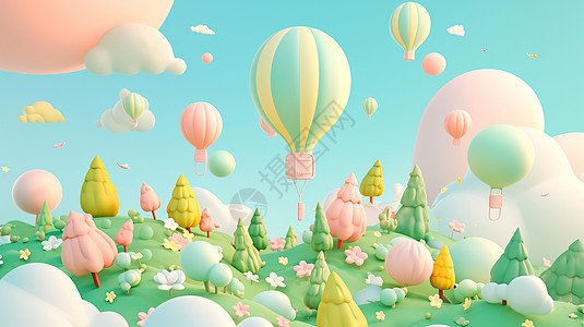 梦幻森林在美丽森林上空飞着浪漫的热气球插画