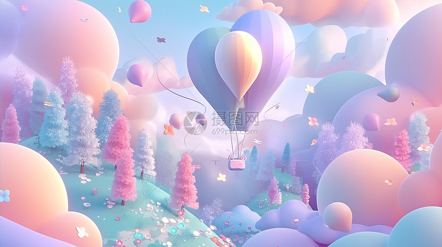 抽象梦幻唯美的卡通森林上空飞着热气球图片