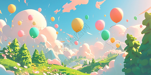 梦幻森林抽象唯美的卡通森林上空飞着热气球插画