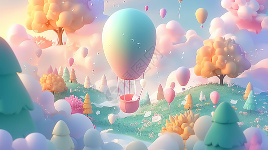 抽象梦幻唯美的卡通森林上空飞着许多热气球图片