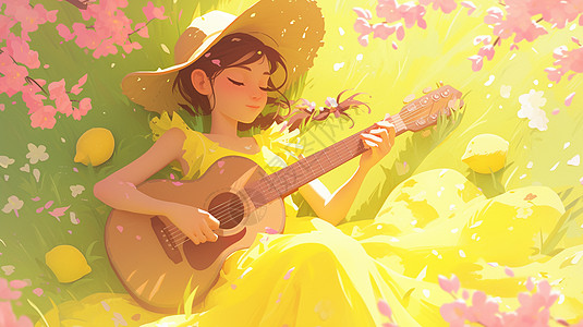 身穿黄色连衣裙的卡通女孩躺在草丛中弹吉他图片