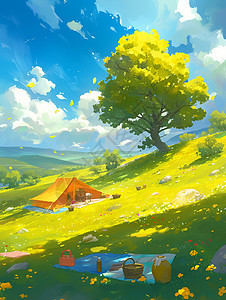 驻扎在绿色山坡上一个黄色可爱卡通小帐篷图片