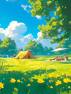 驻扎在绿色山坡上一个可爱卡通小帐篷图片