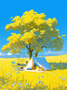 一大片黄色花海中一个黄色卡通帐篷图片