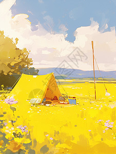 一大片黄色花海中一个黄色可爱卡通帐篷图片
