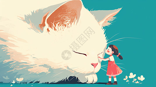 在巨大的白猫身旁的可爱卡通小女孩图片